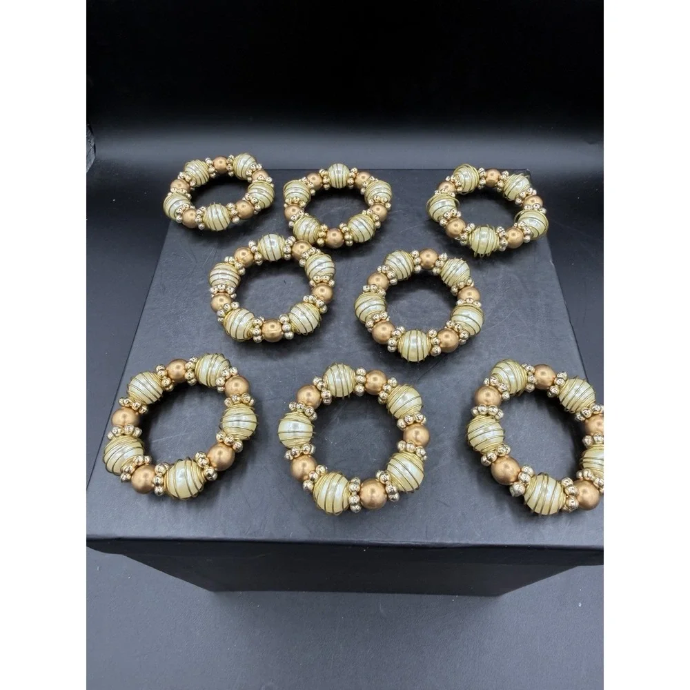 ✨🍽️ Vintage Gold Beaded Napkin Ring Holders – Set of 8 – Table Décor 🍽️✨